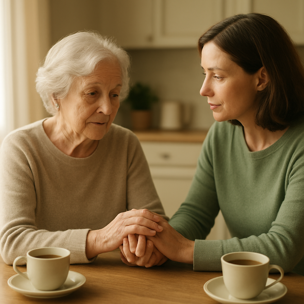 An adult daughter gently holding hands with her elderly mother over morning tea